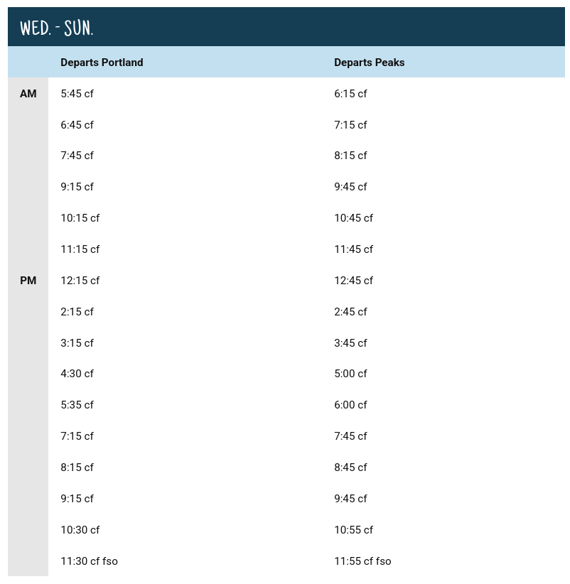 Ferry Schedule Casco Bay Lines fall ferry schedule for Peaks Island