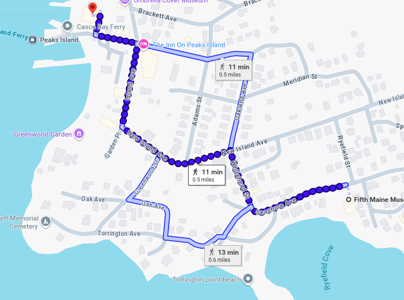 Route to Fifth Maine Route from the Peaks ferry dock to the 5th Maine